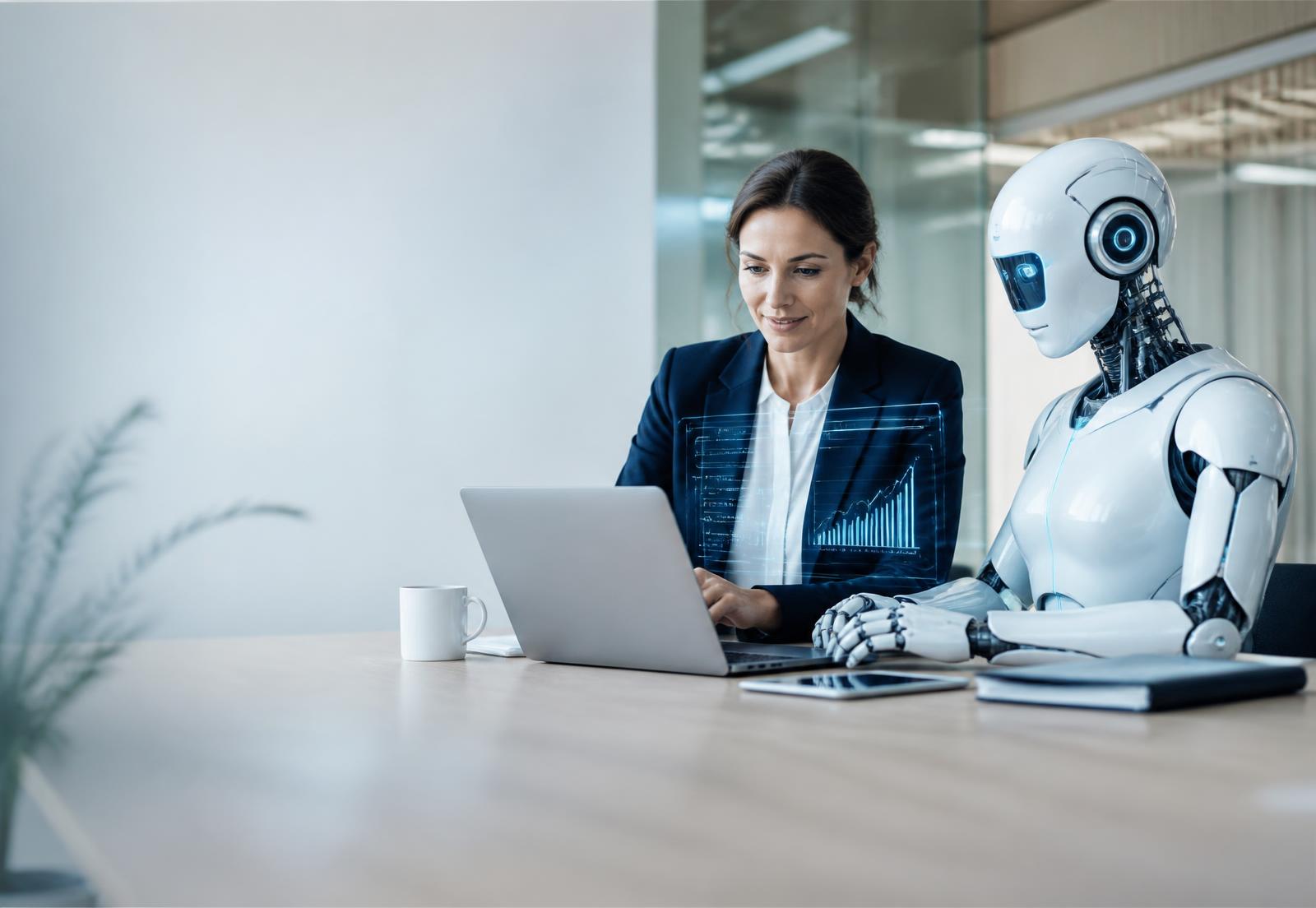 Une professionnelle et un assistant IA travaillant ensemble dans un bureau moderne